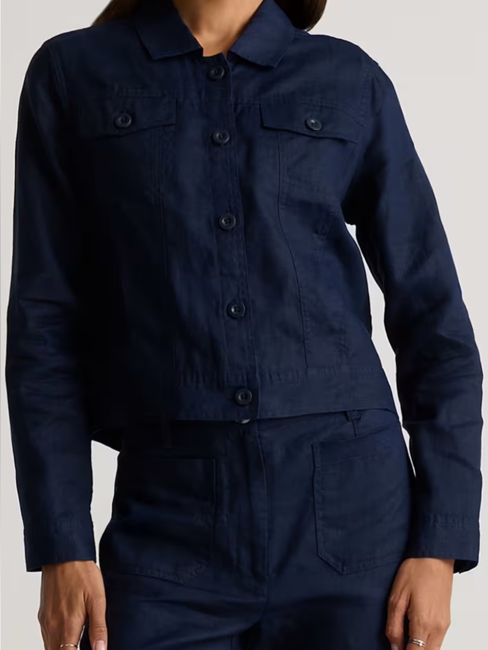Navy Cropped Linen Button-Front Women's Jacket